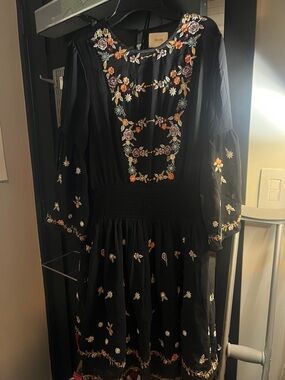 Maeve Embroidered Black Boho Midi Dress with Floral Accents